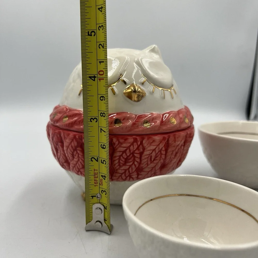 Anthropologie Owl Nested Measuring Cups Ceramic Hand‎ Painted Red Scarf